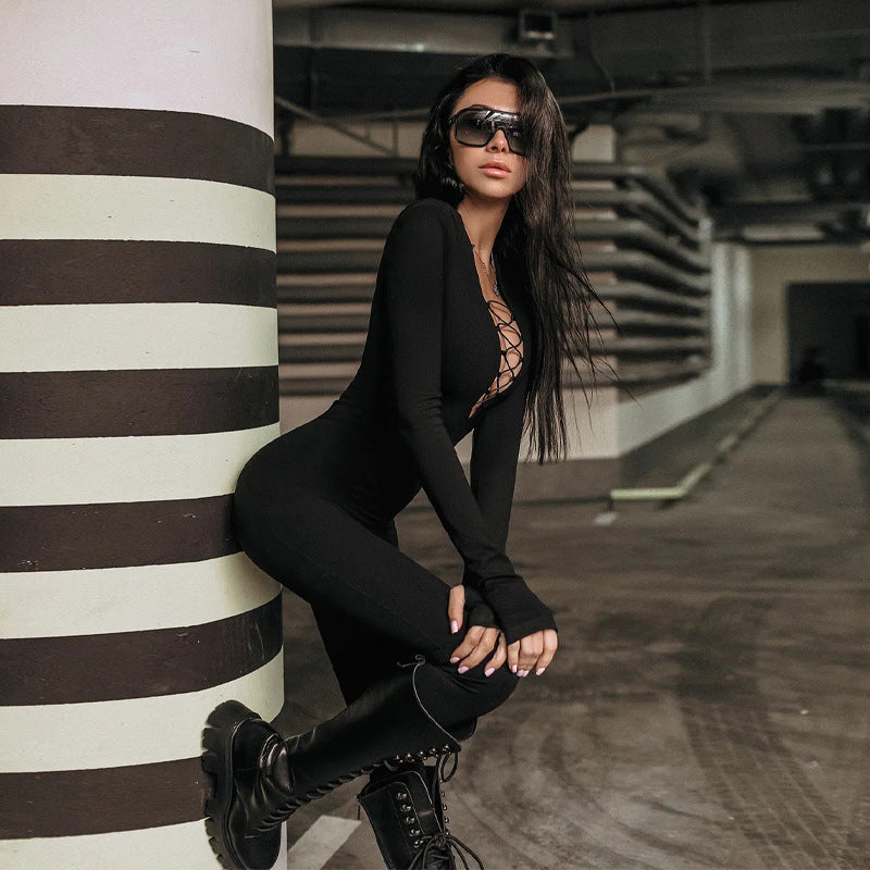Hollow-out Cross Strap Women's Long Sleeve Jumpsuit - Bellarte Enchanté Hollow-out Cross Strap Women's Long Sleeve Jumpsuit